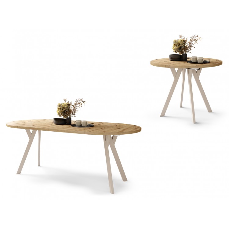 ALDO 100 Dub Artisan/béžové nohy - OKRÚHLY LOFTOVÝ/INDUSTRIÁLNY ROZKLADACÍ STÔL DO OBÝVAČKY/JEDÁLNE