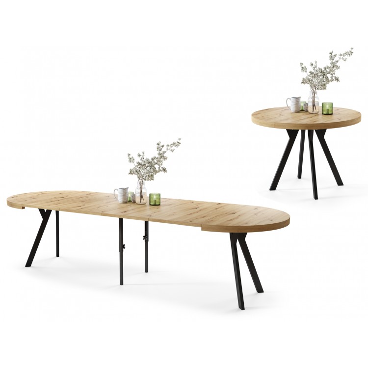 EXPANSO Hrast Artisan/crne noge - VELIKI, OKRUGLI STOL Ø110 SKLOPIVI DO 310 cm, S NOGAMA Y LOFT/INDUSTRIJALNI