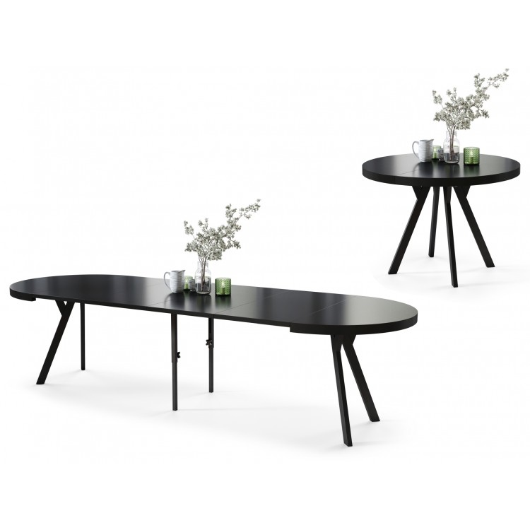 EXPANSO Crni Mat/crne noge - VELIKI, OKRUGLI STOL Ø110 SKLOPIVI DO 310 cm, S NOGAMA Y LOFT/INDUSTRIJALNI