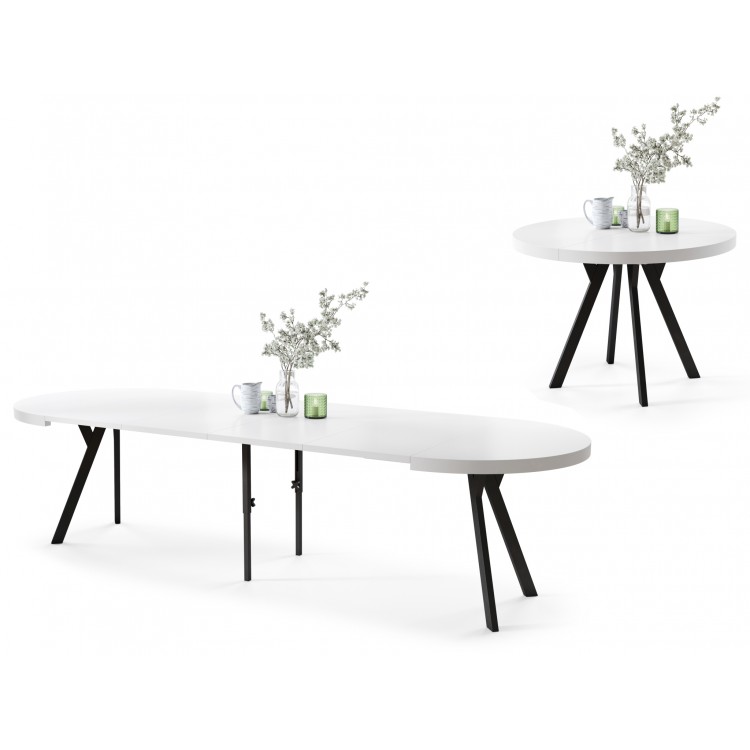 EXPANSO Bijeli Mat/crne noge – VELIKI, OKRUGLI STOL Ø110 SKLOPIVI DO 310 cm, S NOGAMA Y LOFT/INDUSTRIJALNI