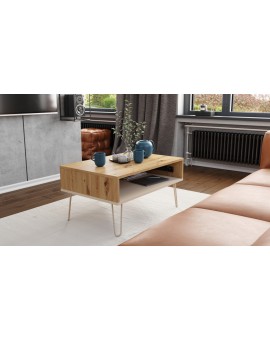 HAIRPIN S-90 Dub Artisan/Béžová (Šampanská) - MODERNÝ KONFERENČNÝ STOLÍK S VÝKLOPNOU DOSKOU + ÚLOŽNÝ PRIESTOR + POLICA