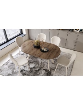 ALMO Elegantný orech/béžové nohy - OKRÚHLY LOFTOVÝ/INDUSTRIÁLNY ROZKLADACÍ STÔL DO OBÝVAČKY/JEDÁLNE