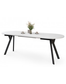 ALMO Bílý mat / černé nohy - OVÁLNÝ ROZKLÁDACÍ STŮL 120-220 cm PRO 10-12 OSOB