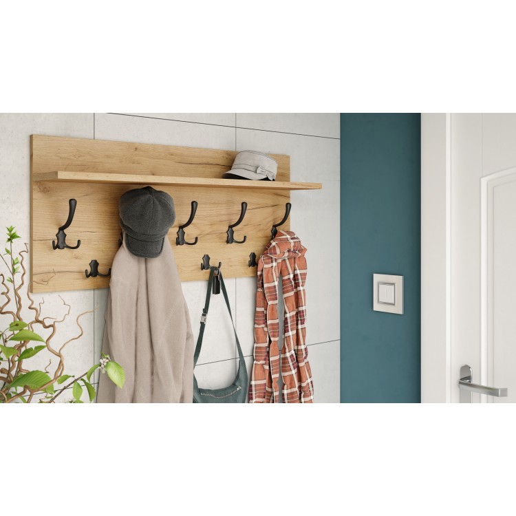 FINLO Dub craft zlatý / držáky Černé matné- MODERNÍ NÁSTĚNNÝ VĚŠÁK S POLICÍ DO PŘEDSÍNĚ 90 cm FINLO Dub craft zlatý / držáky Černé matné- MODERNÍ NÁSTĚNNÝ VĚŠÁK S POLICÍ DO PŘEDSÍNĚ 90 cm