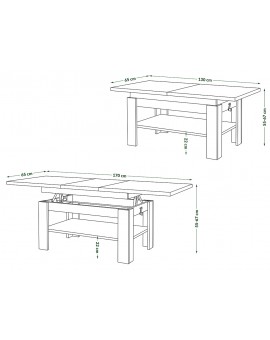 RIO Hrast Sonoma/Crni Mat - STOLIĆ ZA KAVU, SKLOPLIV S FUNKCIJOM PODIZANJA PLOČE STOLA