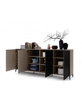 copy of Komoda Rimini K-123S Béžová Taupe / Čierna matná - MODERNÁ SKRIŇA SO ZÁSUVKAMI A DRÁŽKOVANÝMI ČELAMI